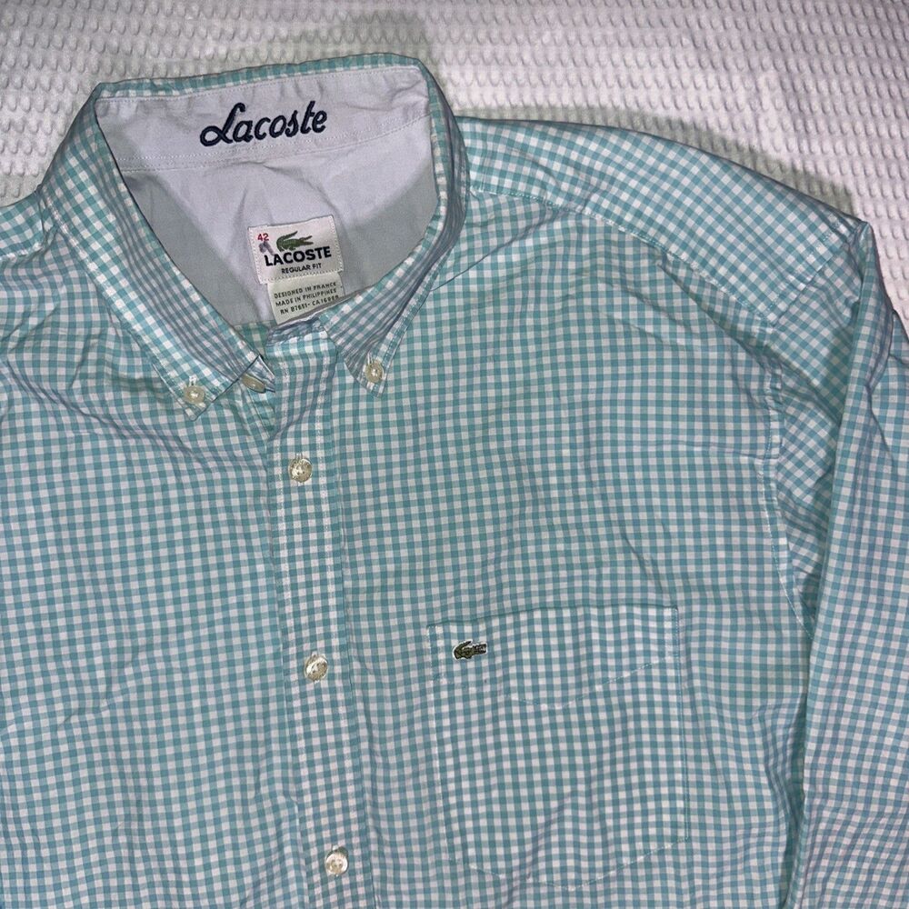 LACOSTE FRANCE MEN'S BEAUTIFUL TURQUOISE White LONG SLEEVE FINE COTTON SHIRT 42